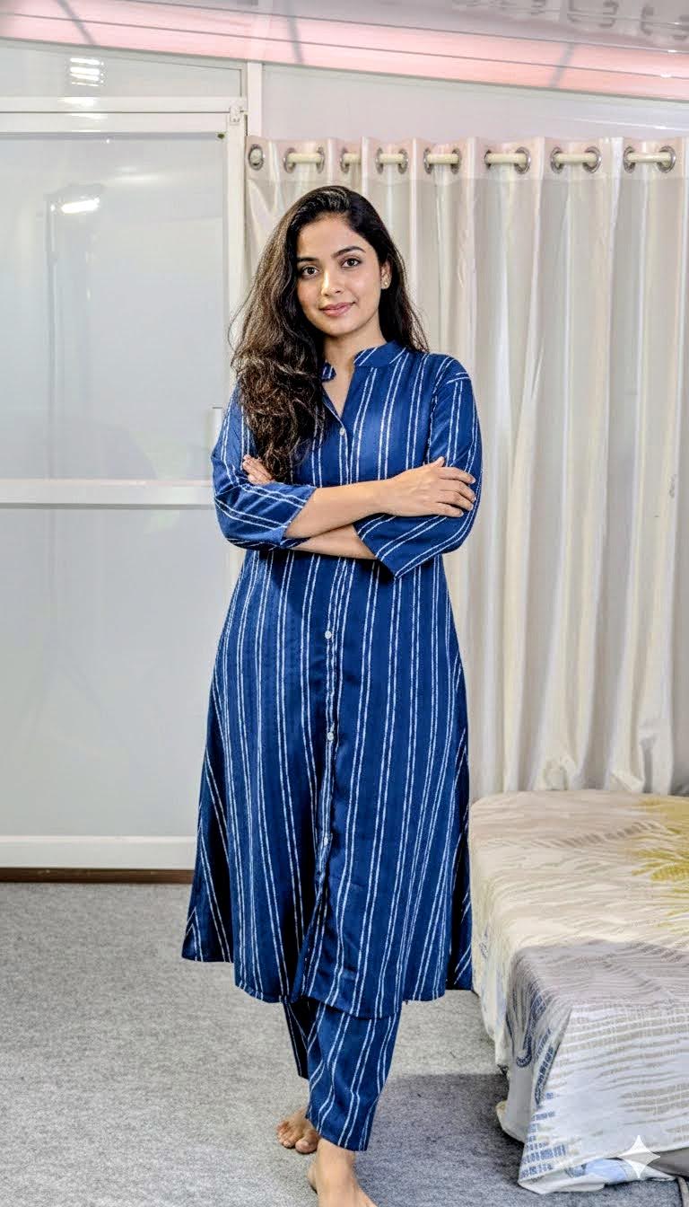 Classic Blue Button-Down Striped Tunic Set