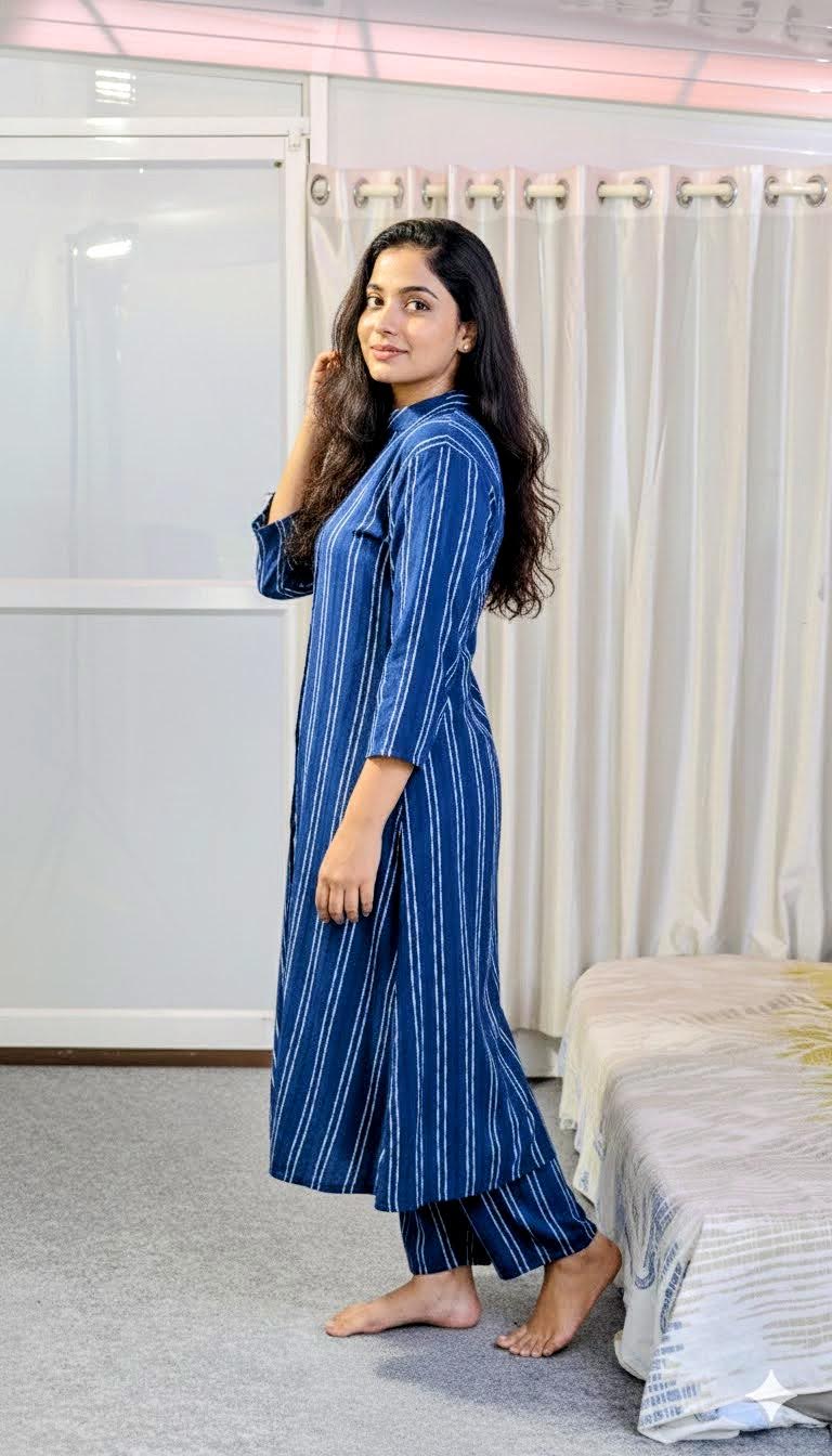 Classic Blue Button-Down Striped Tunic Set