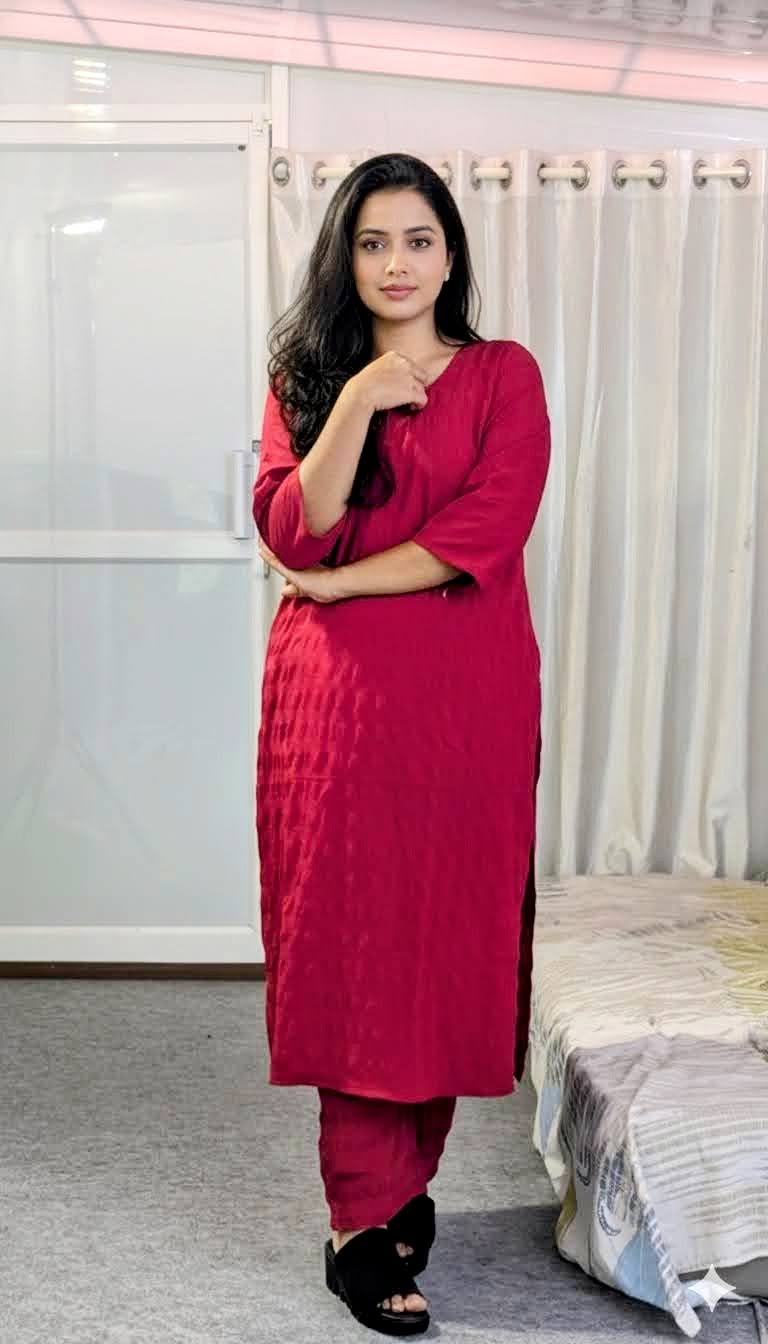 Crimson Red Solid Tunic with Matching Straight-Cut Trousers