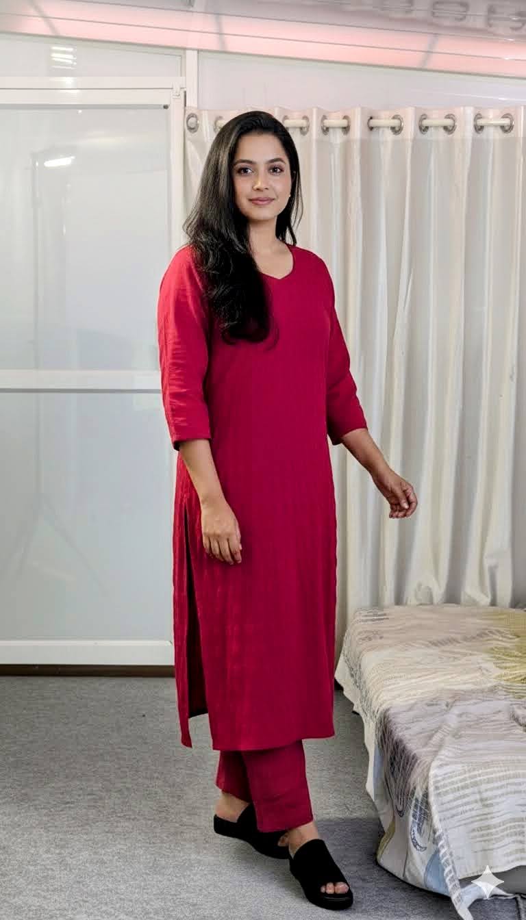 Crimson Red Solid Tunic with Matching Straight-Cut Trousers