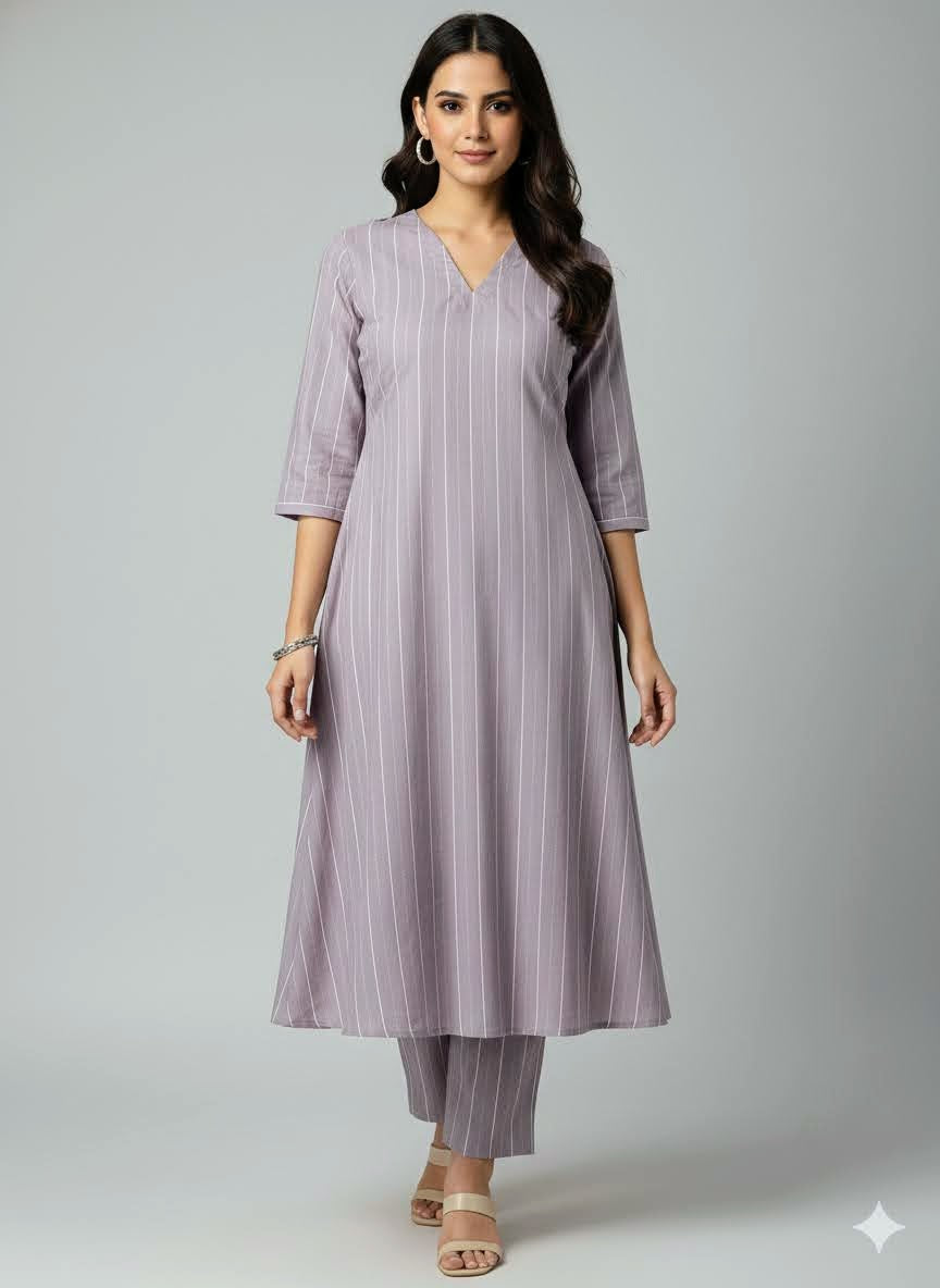 classic lavender Pinstripe A-Line Kurta Set