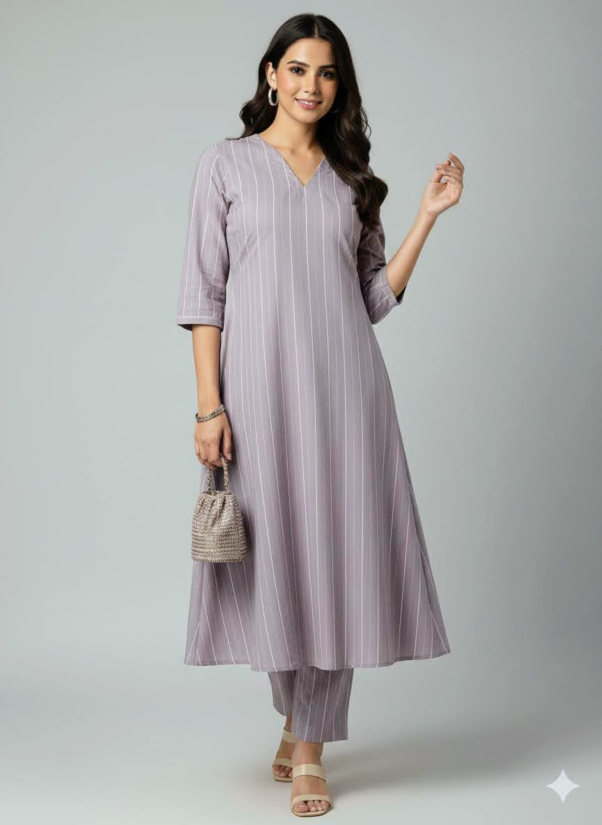 classic lavender Pinstripe A-Line Kurta Set