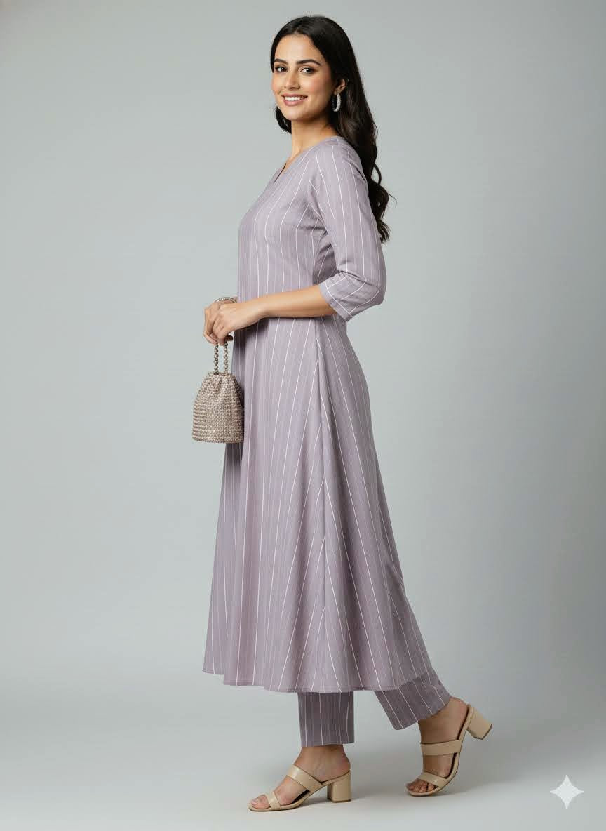 classic lavender Pinstripe A-Line Kurta Set