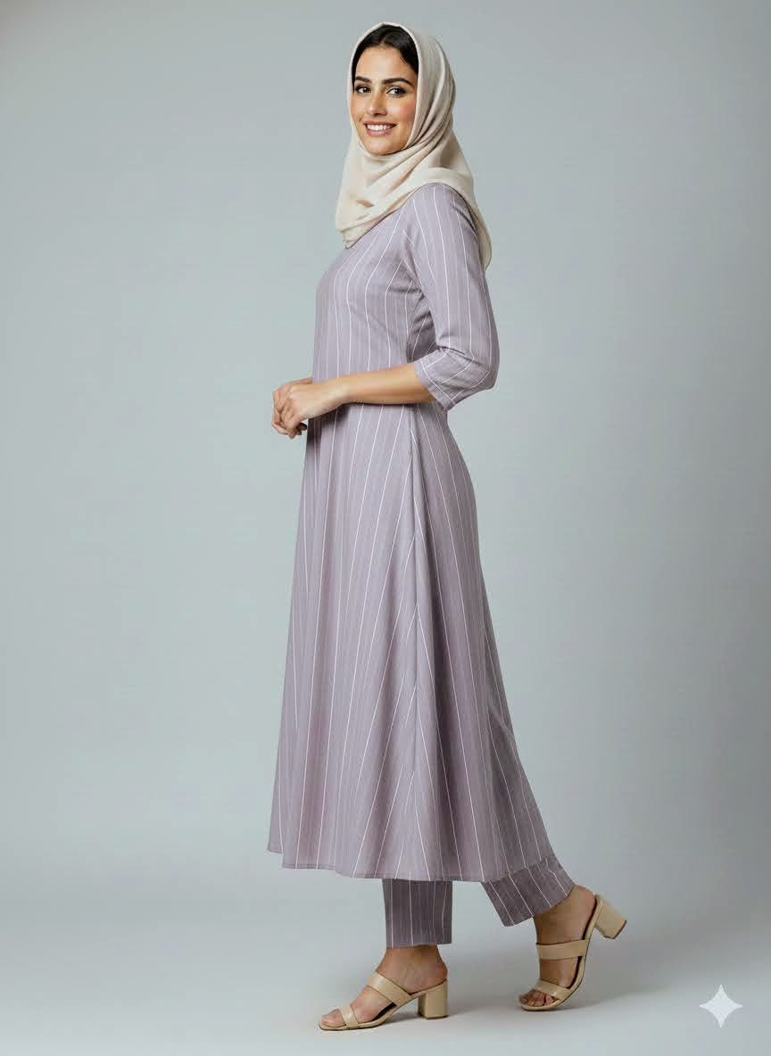 classic lavender Pinstripe A-Line Kurta Set