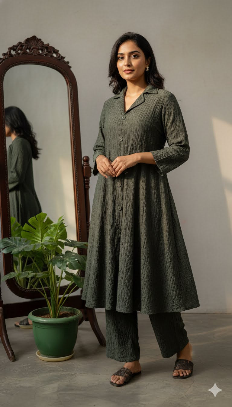 Green Textured Button-Down Tunic and Pant Set