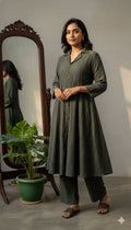 Green Textured Button-Down Tunic and Pant Set