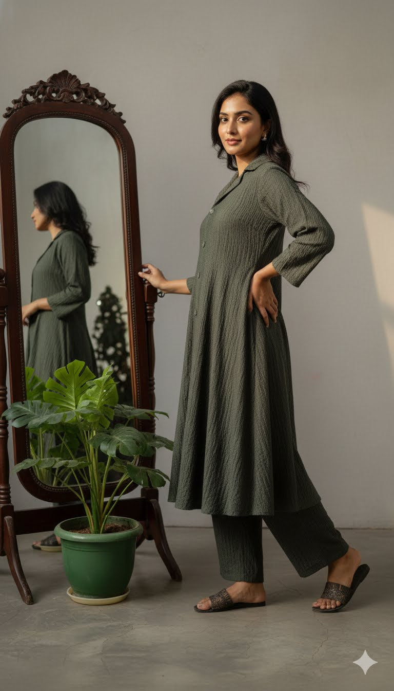 Green Textured Button-Down Tunic and Pant Set