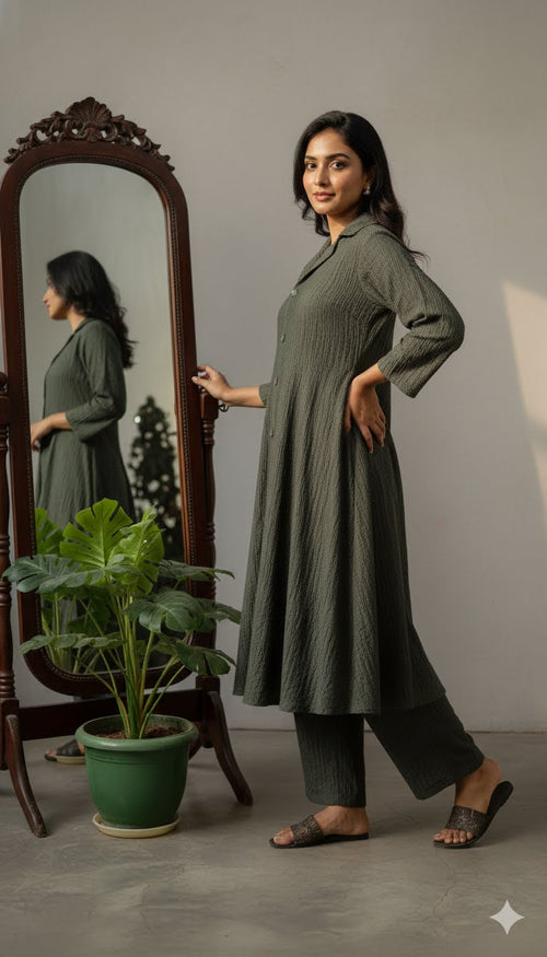 Green Textured Button-Down Tunic and Pant Set