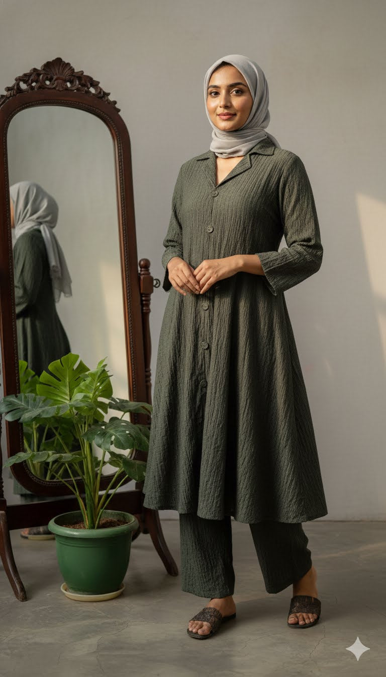 Green Textured Button-Down Tunic and Pant Set