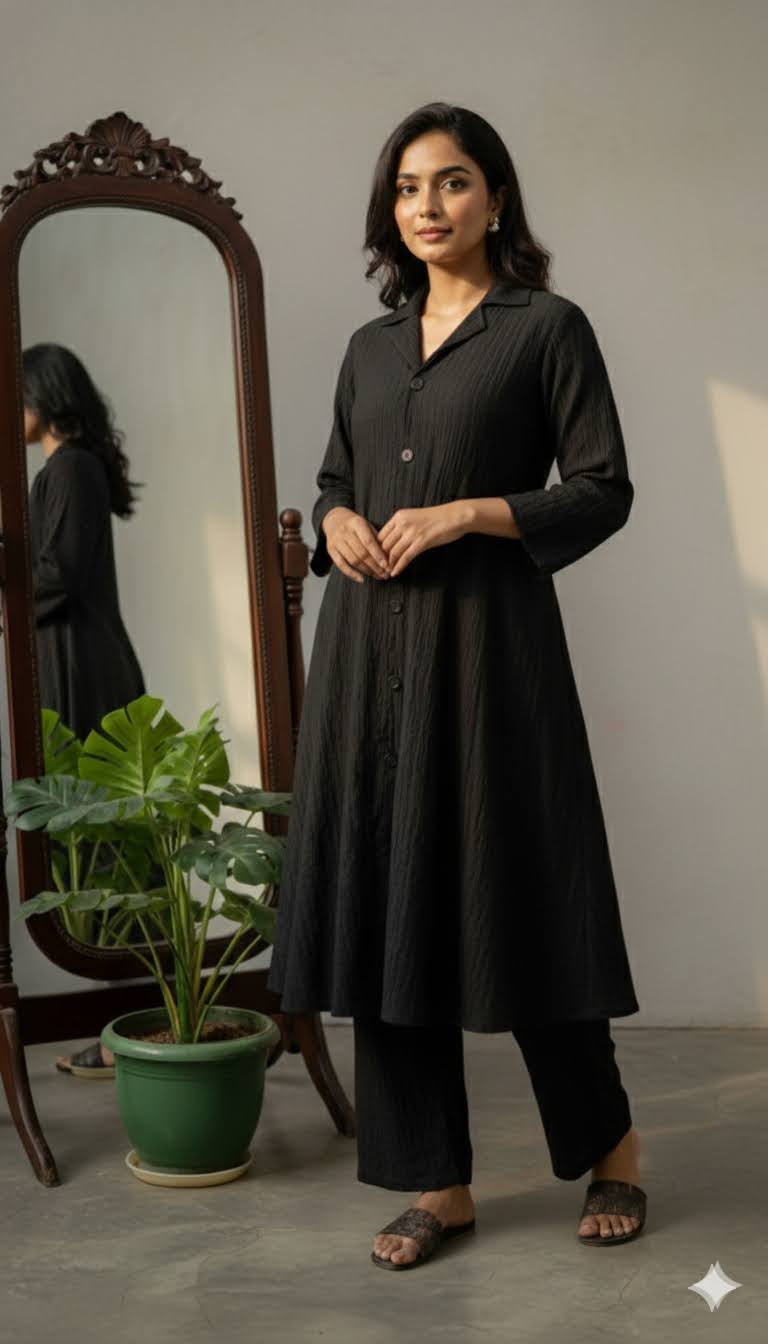 Midnight Black Dawn Ribbed Shirt-Style Co-ord set