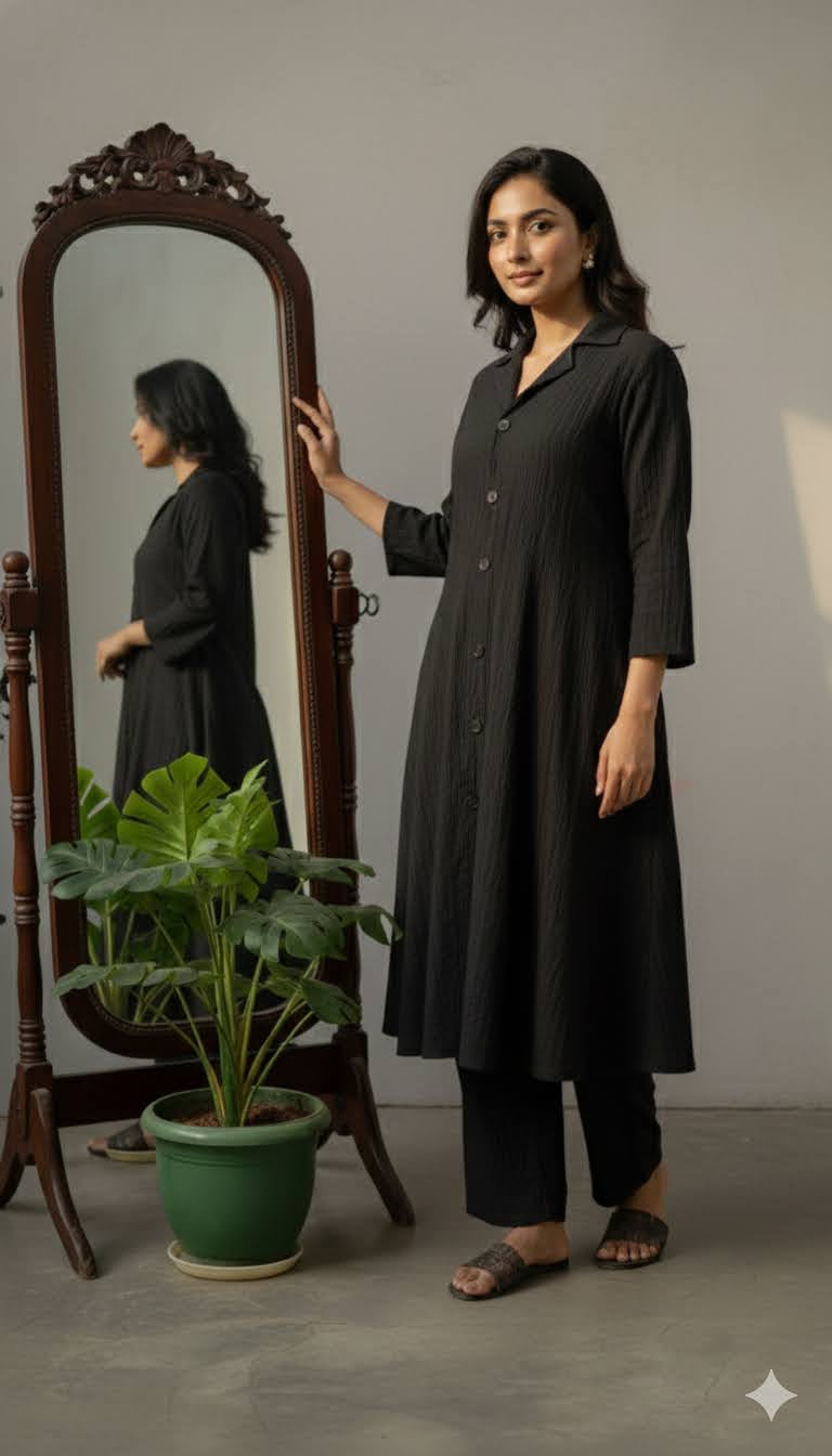 Midnight Black Dawn Ribbed Shirt-Style Co-ord set