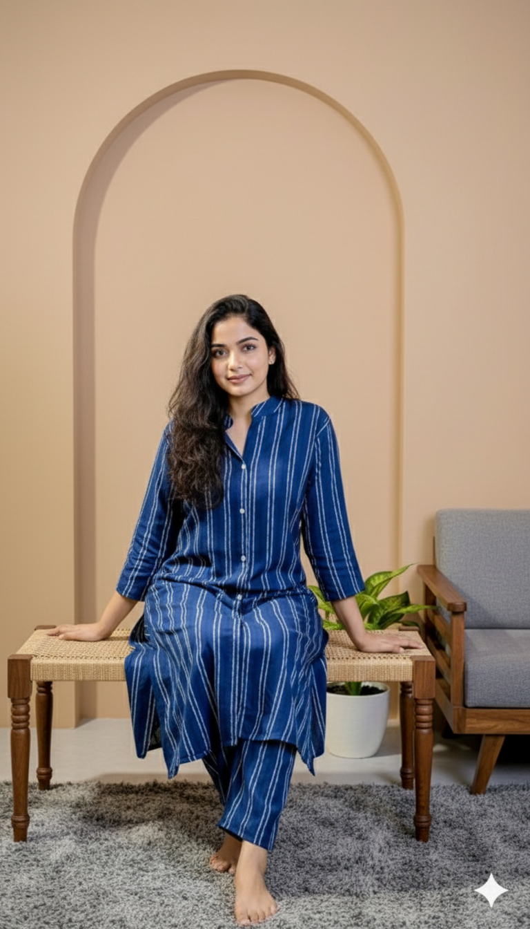 Cobalt Blue Button-Down Striped Tunic Set