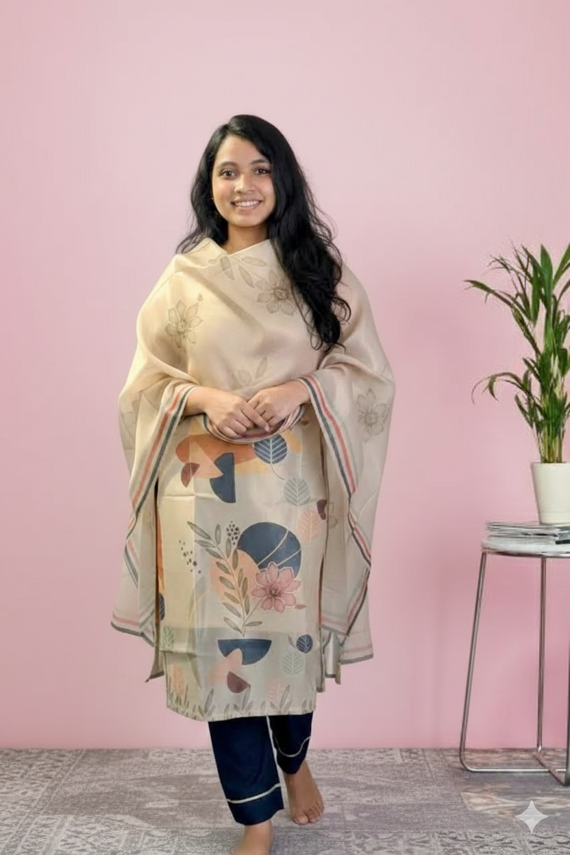 Golden Sand Silk-Blend Kurta Set with Navy Trousers