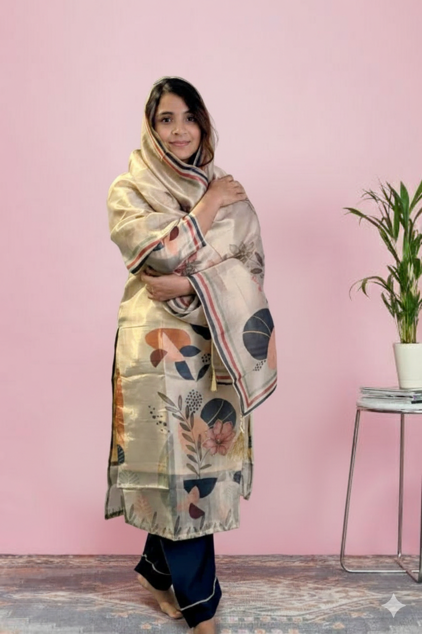 Golden Sand Silk-Blend Kurta Set with Navy Trousers