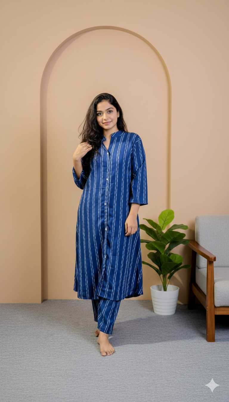 Cobalt Blue Button-Down Striped Tunic Set