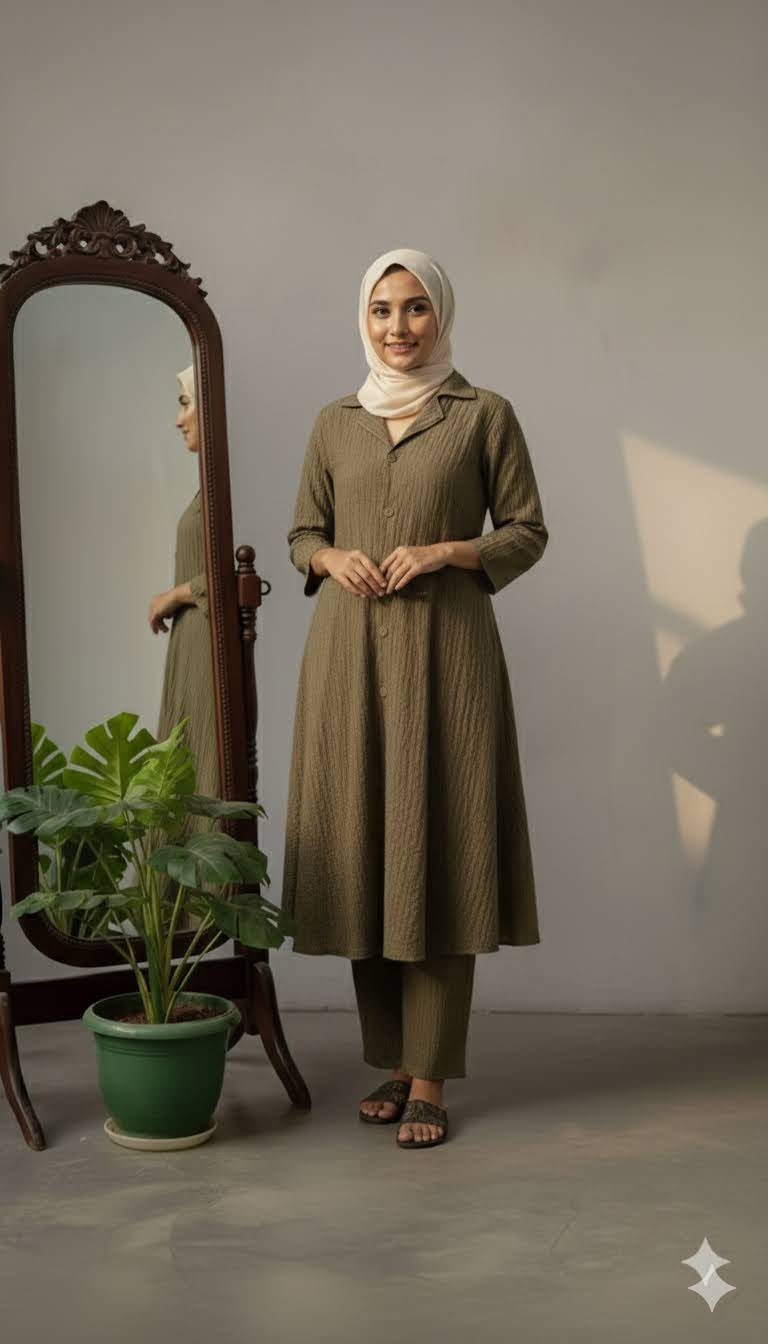 Sage Khaki Button-Down Tunic & Trouser Set