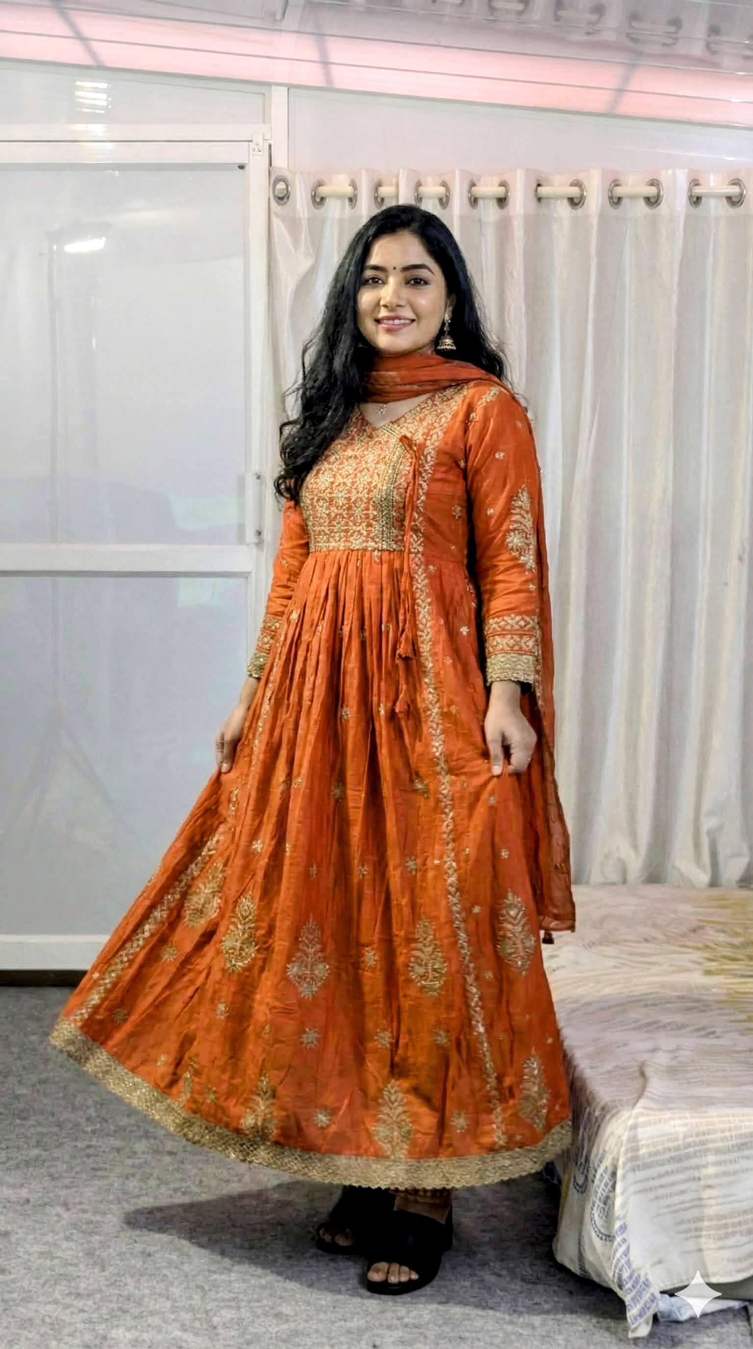Rust orange anarkali kurta set with duppatta