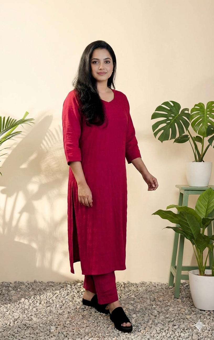 Crimson Red Solid Tunic with Matching Straight-Cut Trousers