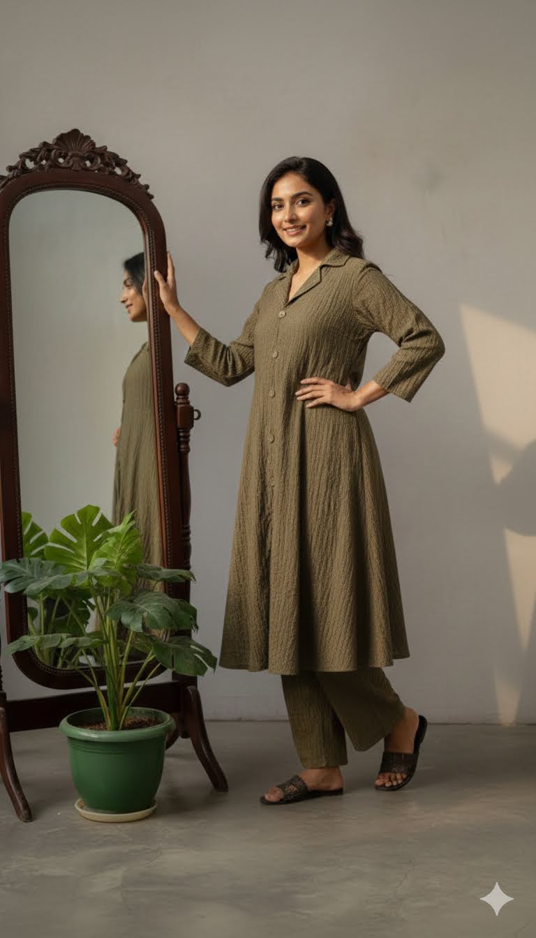 Sage Khaki Button-Down Tunic & Trouser Set