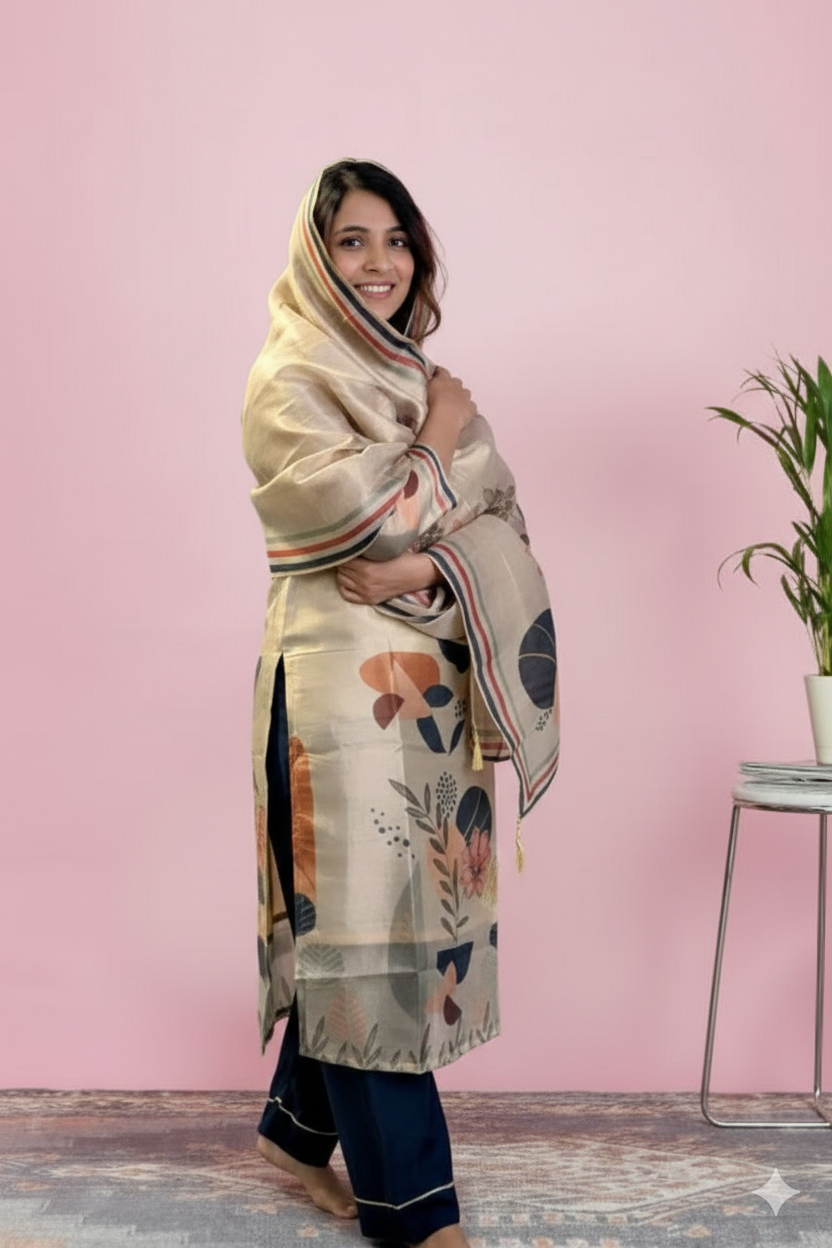 Golden Sand Silk-Blend Kurta Set with Navy Trousers