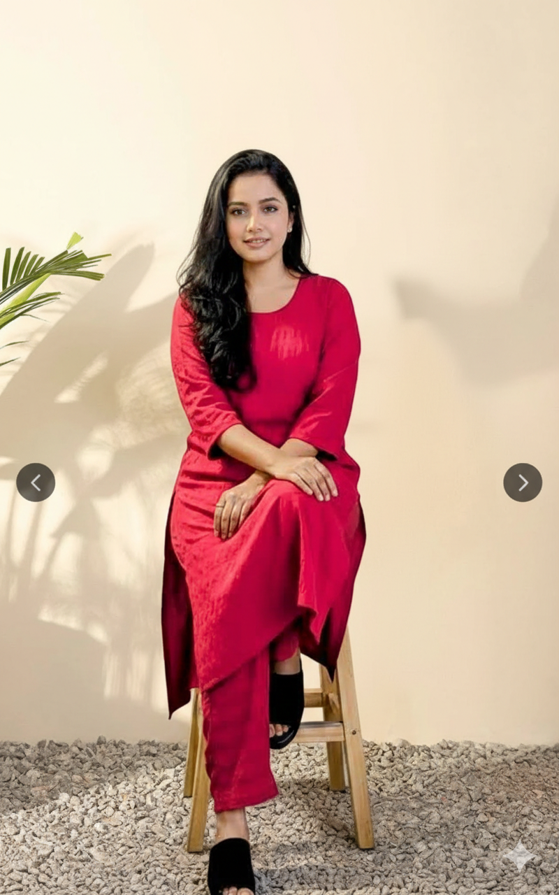 Crimson Red Solid Tunic with Matching Straight-Cut Trousers
