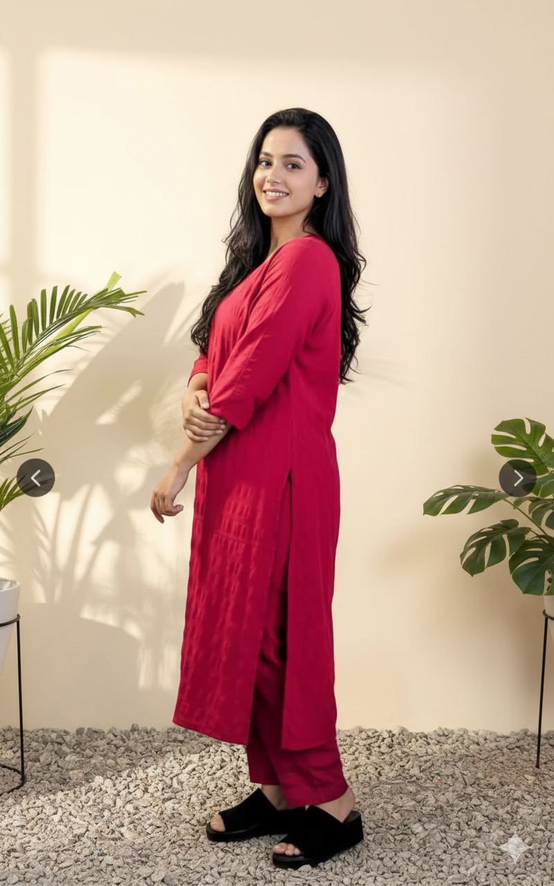 Crimson Red Solid Tunic with Matching Straight-Cut Trousers