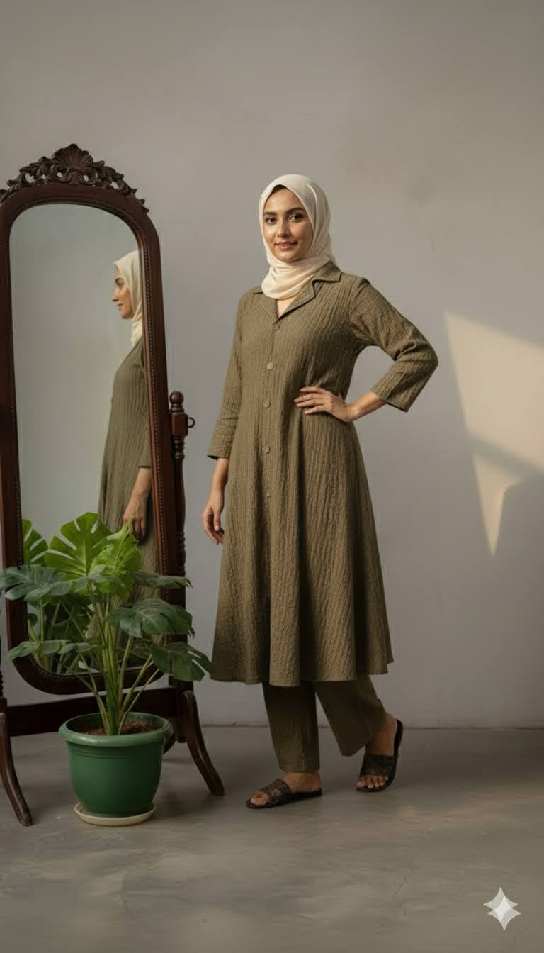 Sage Khaki Button-Down Tunic & Trouser Set