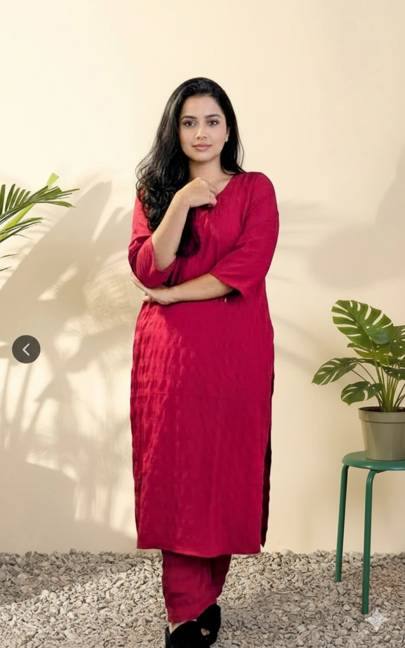 Crimson Red Solid Tunic with Matching Straight-Cut Trousers