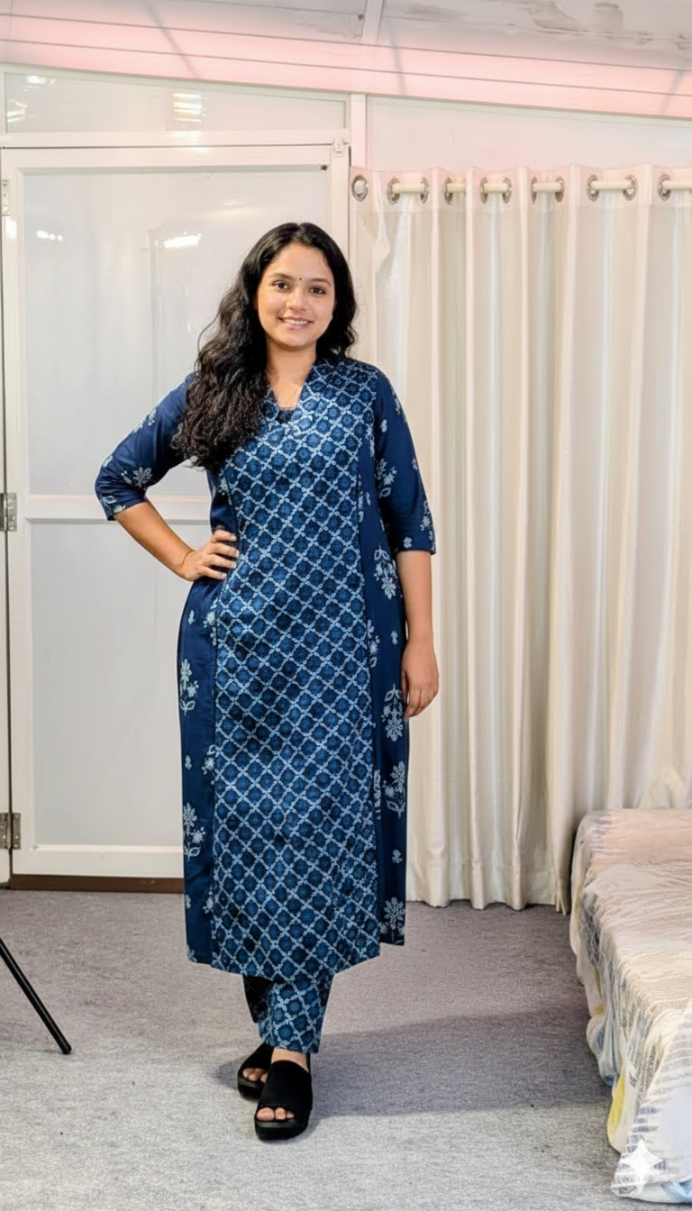 Indigo Blue Cotton "3-Piece Set" - Geometric Ethnic Print