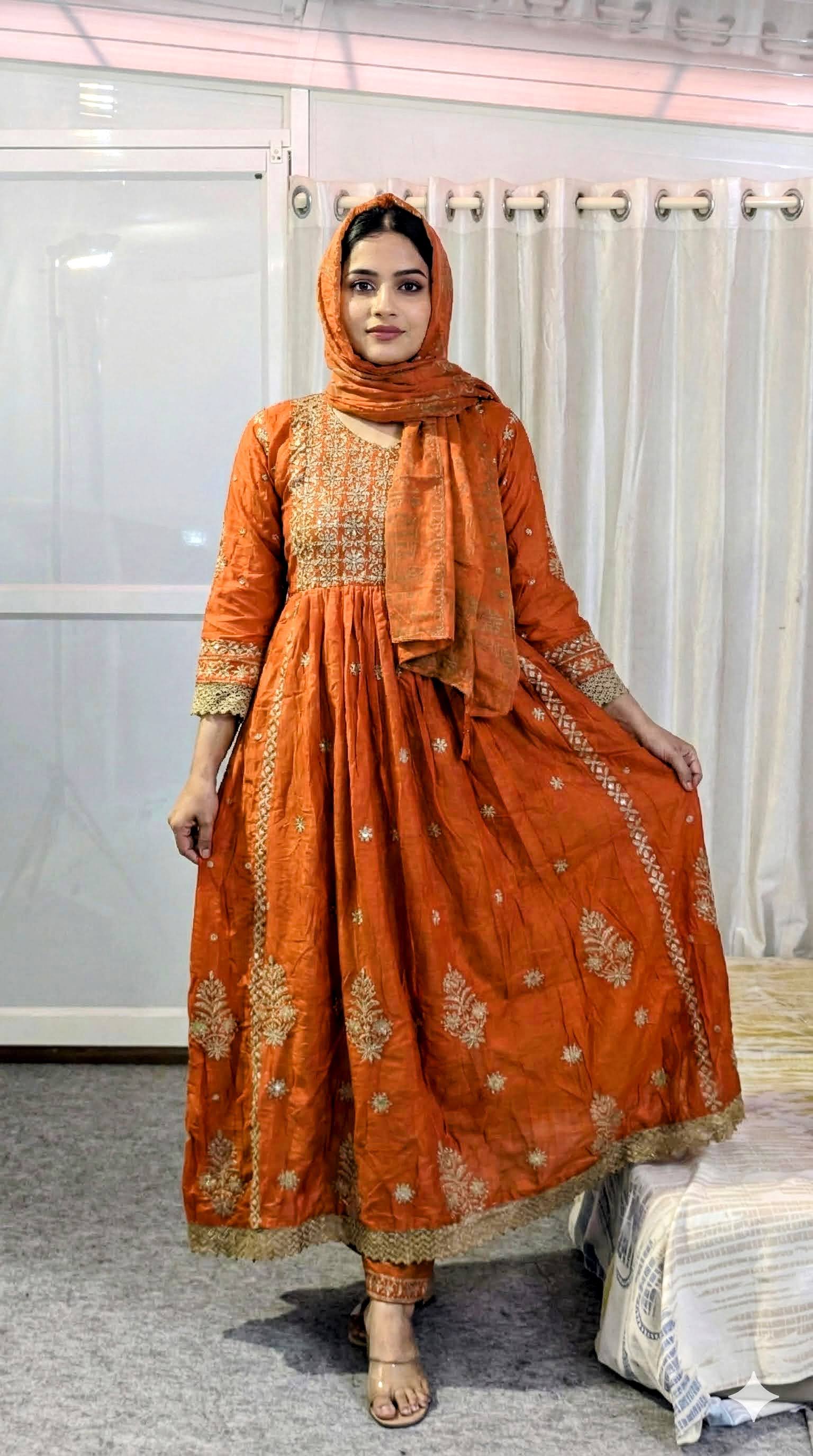 Rust orange anarkali kurta set with duppatta