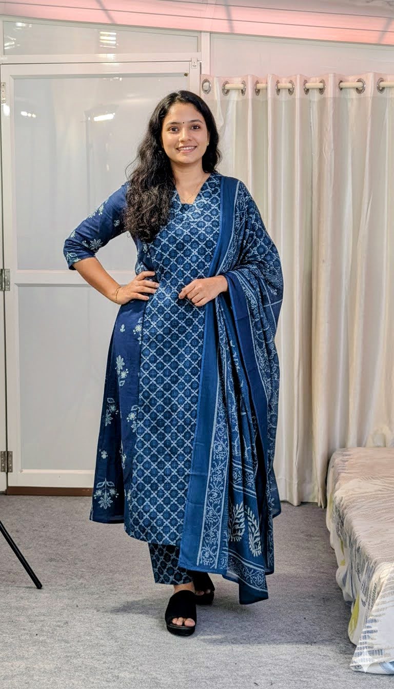 Indigo Blue Cotton "3-Piece Set" - Geometric Ethnic Print