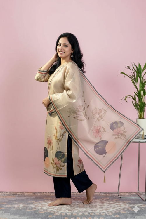 Golden Sand Silk-Blend Kurta Set with Navy Trousers