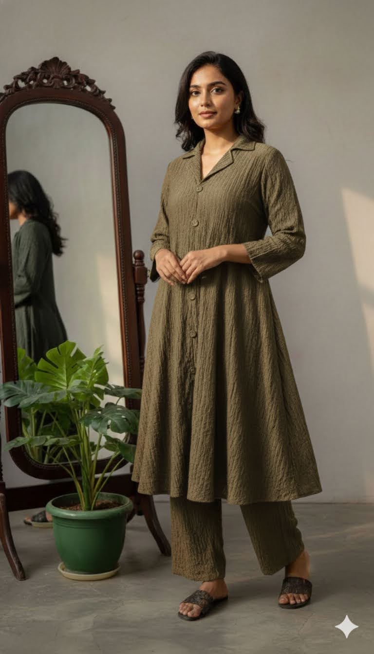 Sage Khaki Button-Down Tunic & Trouser Set