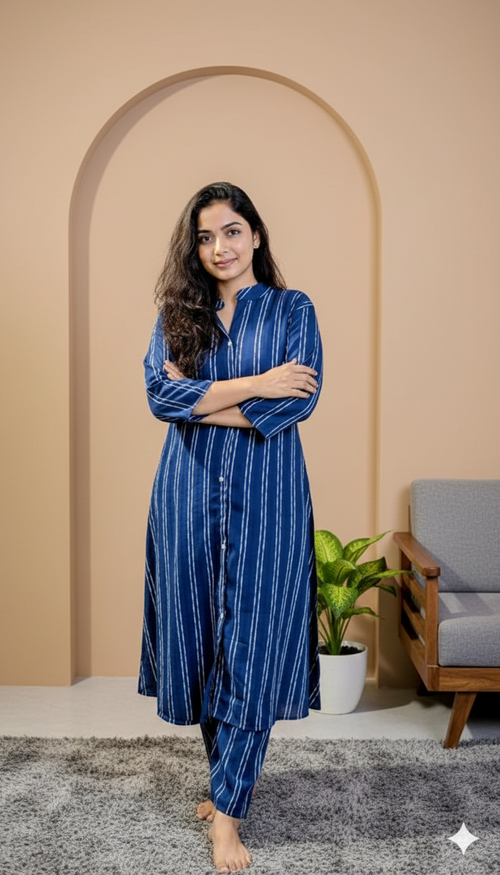Cobalt Blue Button-Down Striped Tunic Set