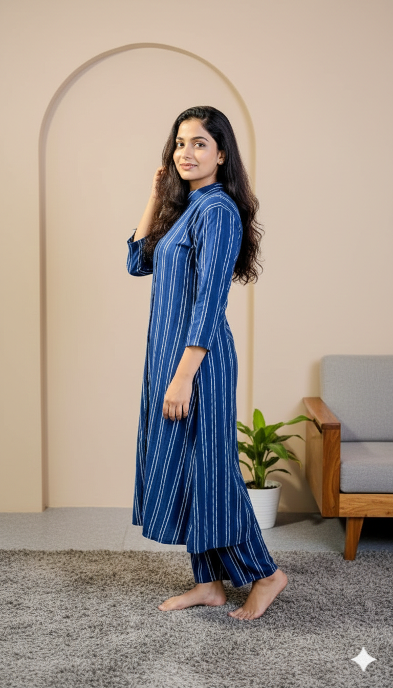 Cobalt Blue Button-Down Striped Tunic Set