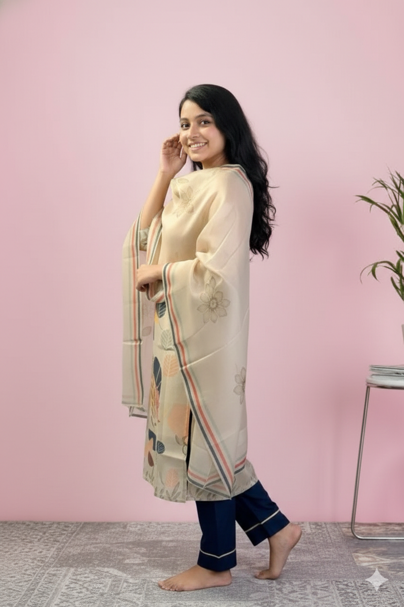 Golden Sand Silk-Blend Kurta Set with Navy Trousers