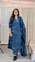 Indigo Blue Cotton "3-Piece Set" - Geometric Ethnic Print