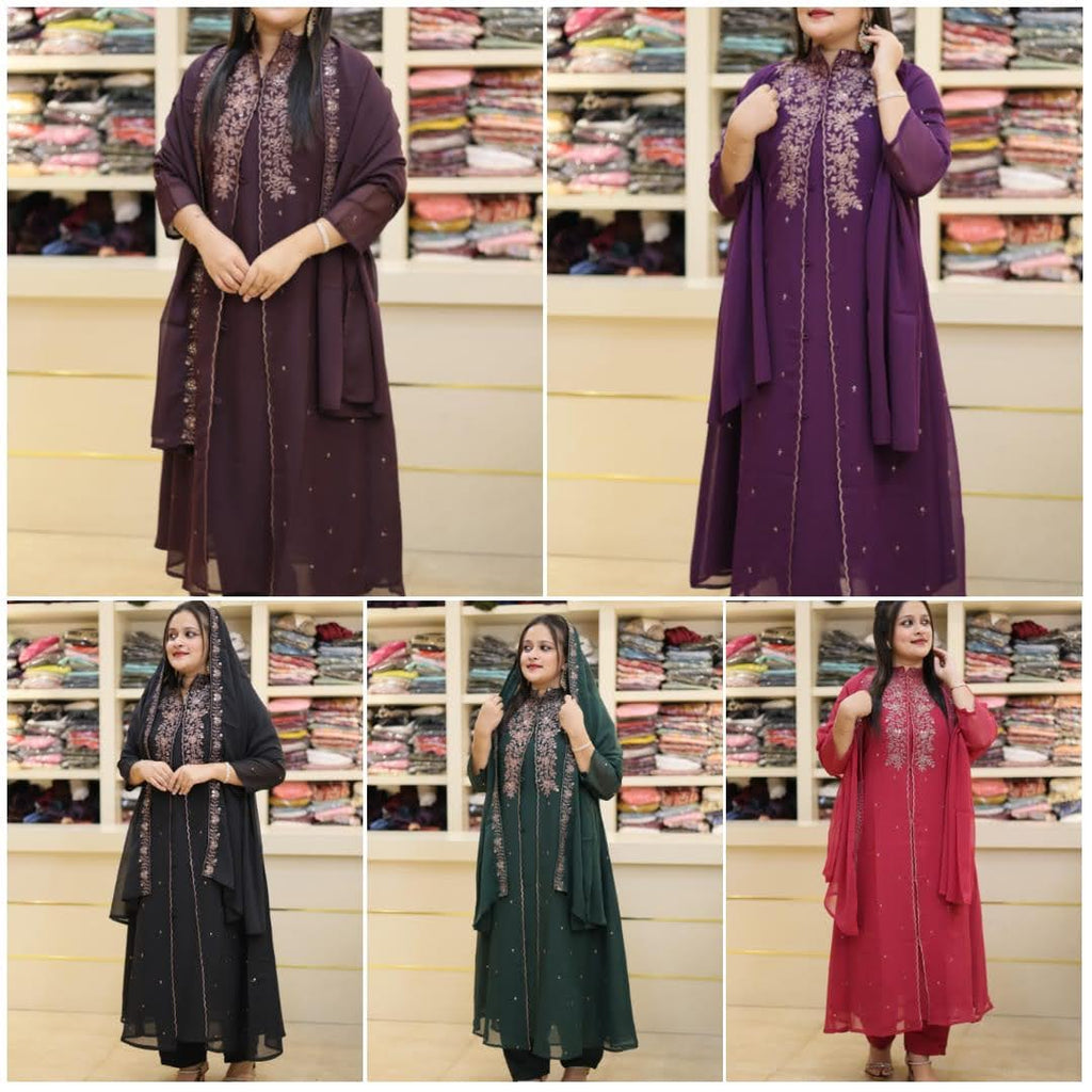 Royal Georgette Layered Kurta Set with Intricate Bodice Embroidery