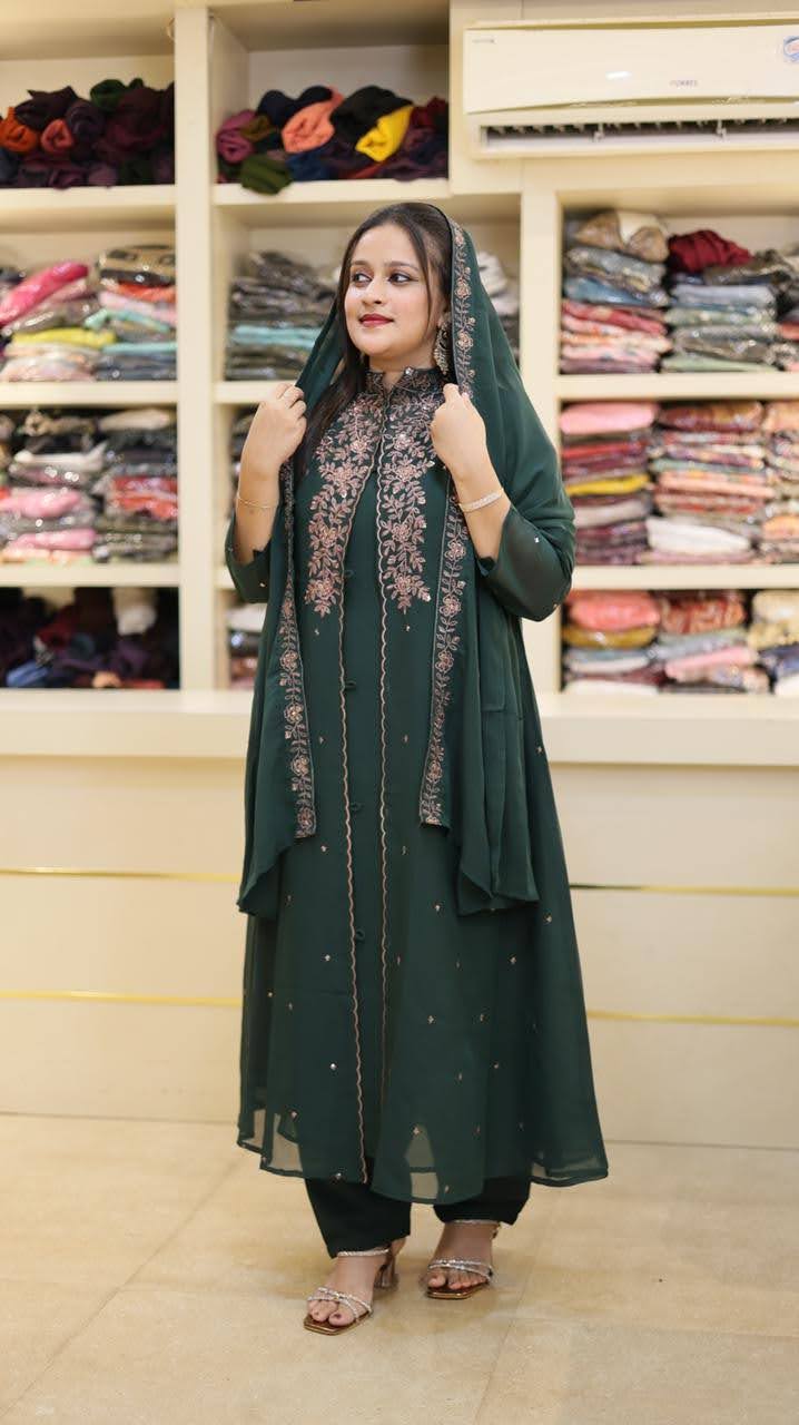 Royal Georgette Layered Kurta Set with Intricate Bodice Embroidery