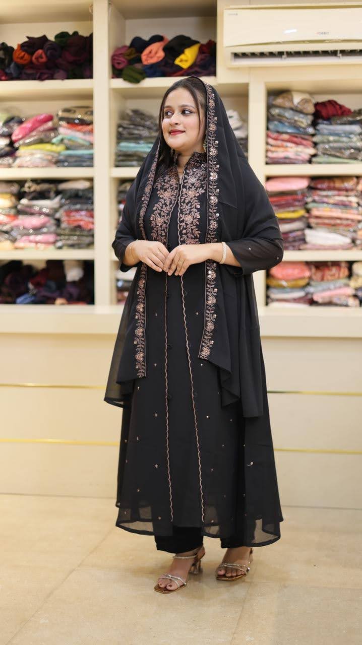 Royal Georgette Layered Kurta Set with Intricate Bodice Embroidery