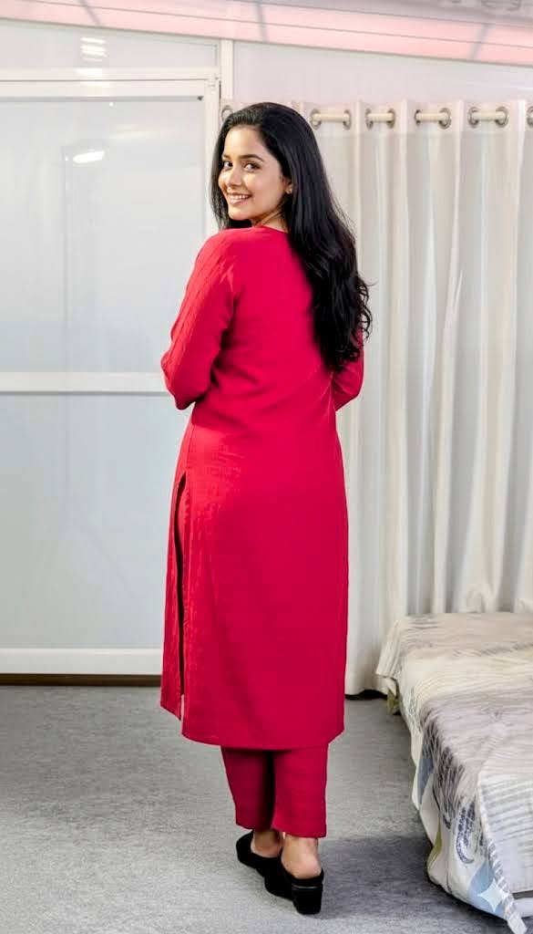 Crimson Red Solid Tunic with Matching Straight-Cut Trousers