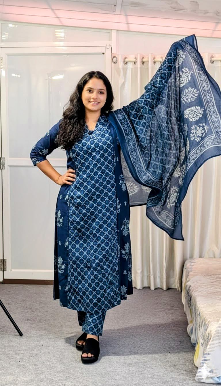 Indigo Blue Cotton "3-Piece Set" - Geometric Ethnic Print