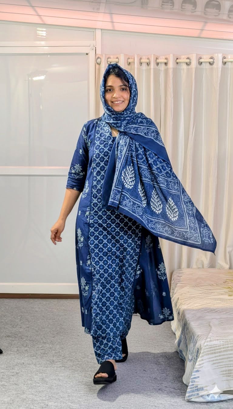 Indigo Blue Cotton "3-Piece Set" - Geometric Ethnic Print