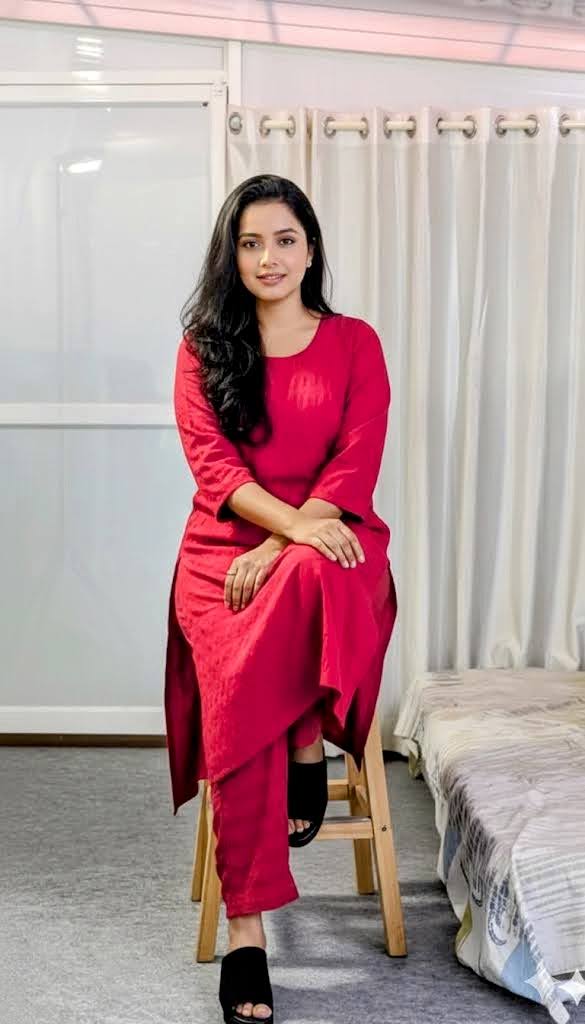 Crimson Red Solid Tunic with Matching Straight-Cut Trousers