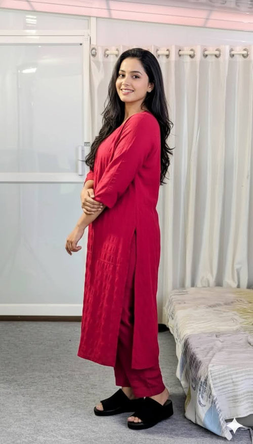 Crimson Red Solid Tunic with Matching Straight-Cut Trousers